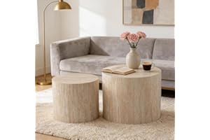 SOUWOFS Two-Piece Round Coffee Table Set Travertine Nesting Coffee Tables with Non-Slip Feet, Circular Side Table Living Room