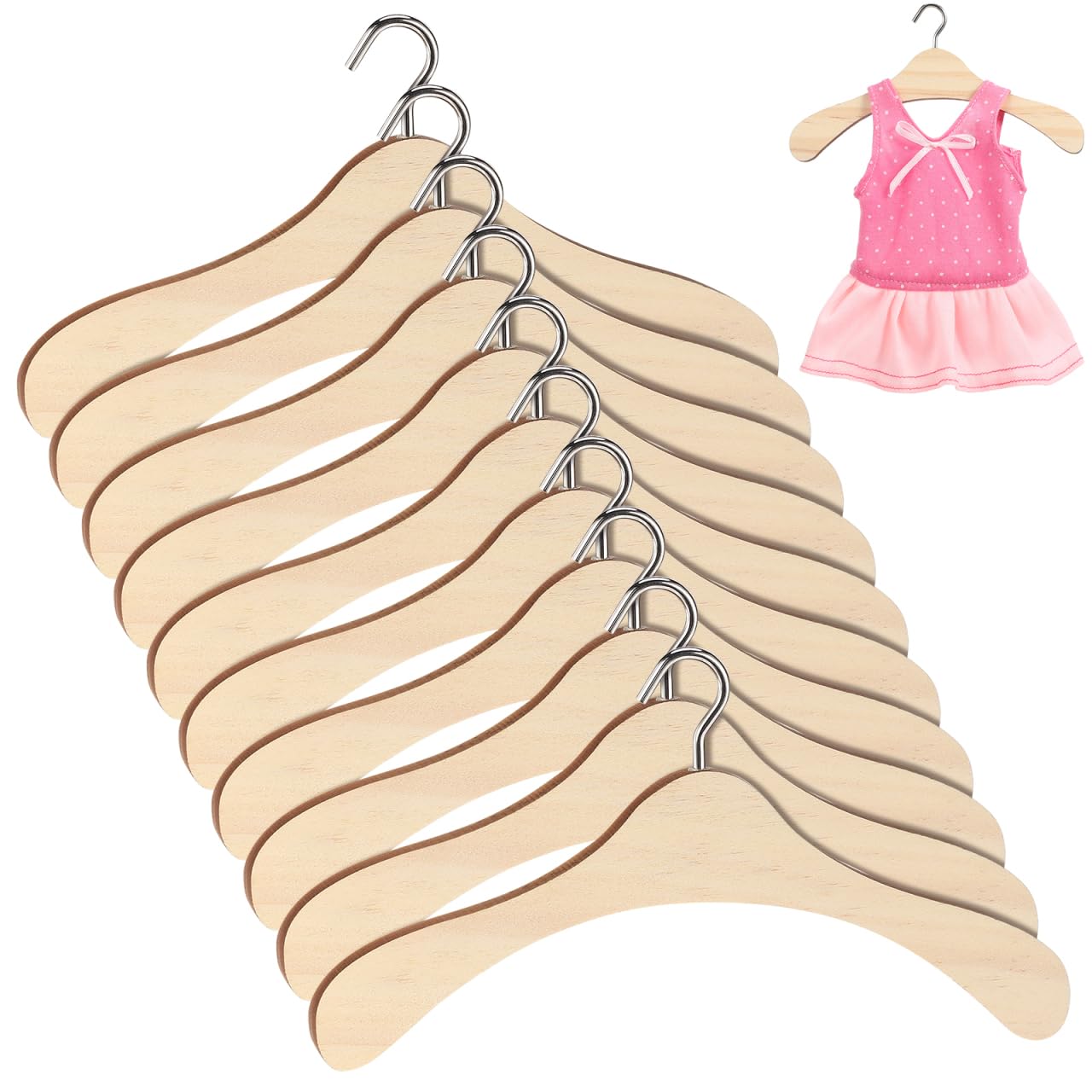 ifundom 10pcs Wooden Dolls Clothes Hanger, Mini Doll Hanger Doll Dress Outfit Holders Dollhouse Wardrobe Accessories (15cm)
