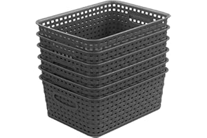 ZHENFAN Grey Plastic Woven Storage Basket, 6-Pack Weave Gray Basket Organizer for Kitchen Office Bathroom