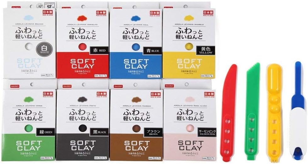 Soft Clay - Set of 8 Colors Daiso Clay with Spatula, Premium Quality and Attractive Colors, Reusable, Perfect for Art Crafting, Light Weight Clay, Made in Japan