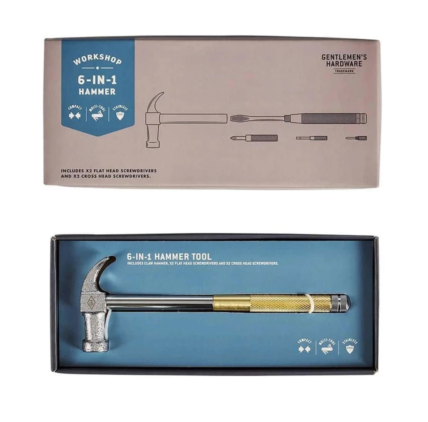 Gentlemen's Hardware 6-in-1 Multi-Tool Stainless Steel Hammer Pocket Tool, Brass