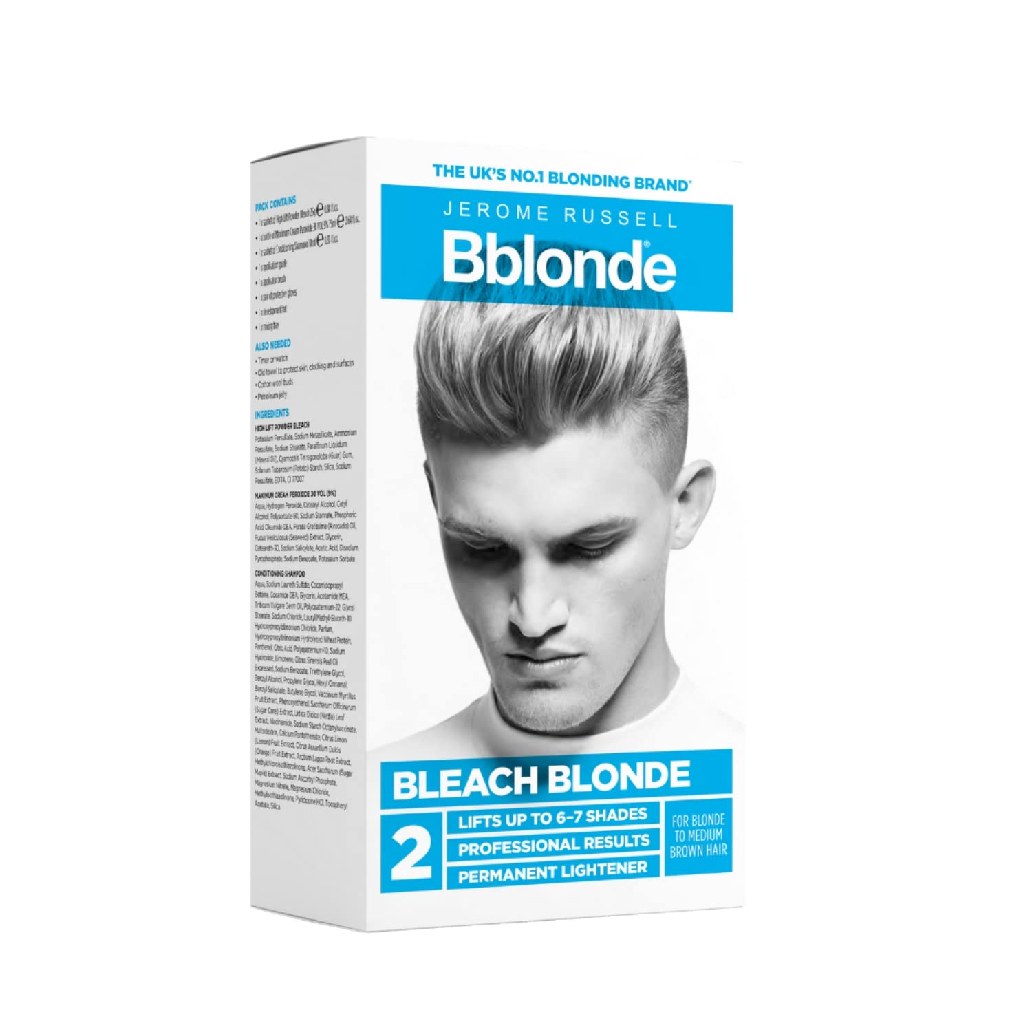 Jerome Russell Bblonde Bleach Kit No.2 - Bleach Blonde Hair Dye for Medium Brown Hair, High Lift for 6-7 Shades Lighter, Permanent for Men