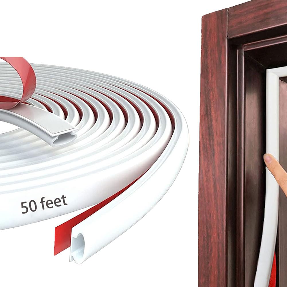Photo 1 of White Rubber Weather Stripping Door Seal Strip, D Shape Door Rubber Weather Seal Strip, SelfAdhesive Door Weatherstripping Soundproofing Door Sealing Strip for Windows (50 feet, White)