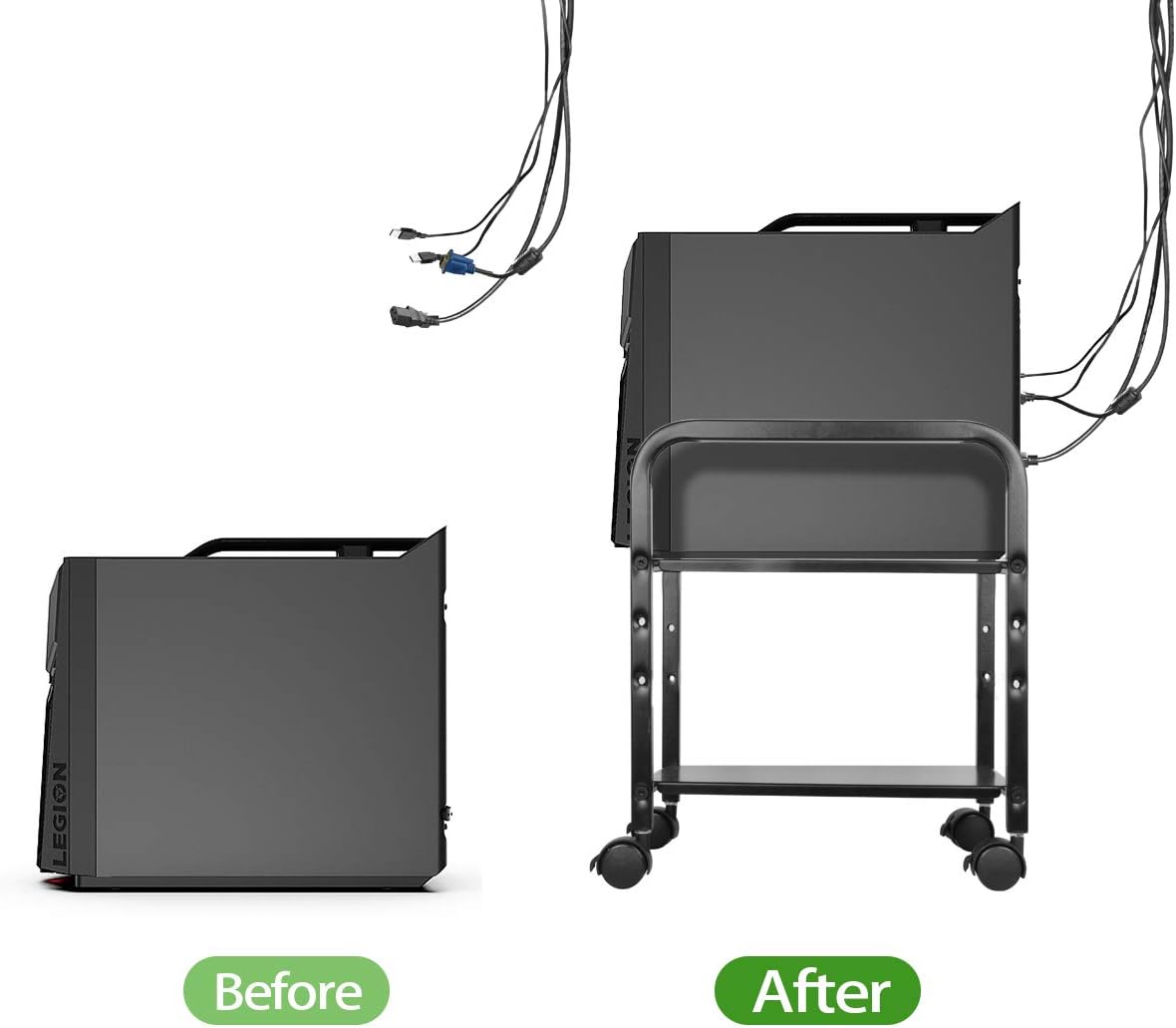 Computer Tower Stand, Desktop ATX-Case CPU Holder, Adjustable 2-Tier CPU Rolling Stand Mobile Steel Desktop Tower Case Stand Cart with Locking Wheels for Office Home, Black: Office Products