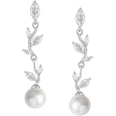 SWEETV Cubic Zirconia Pearl Drop Wedding Earrings for Brides, Ivory Bridal Pearl Earrings for Bridesmaid Jewelry Gift