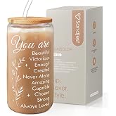 SANDJEST Inspiration Glass Can, Positive Motivational Cup with Lid &amp; Straw, Iced Coffee Aesthetic Cups, Idea Gift for Christmas Birthday Mother Day, Gifts for Women, 16oz