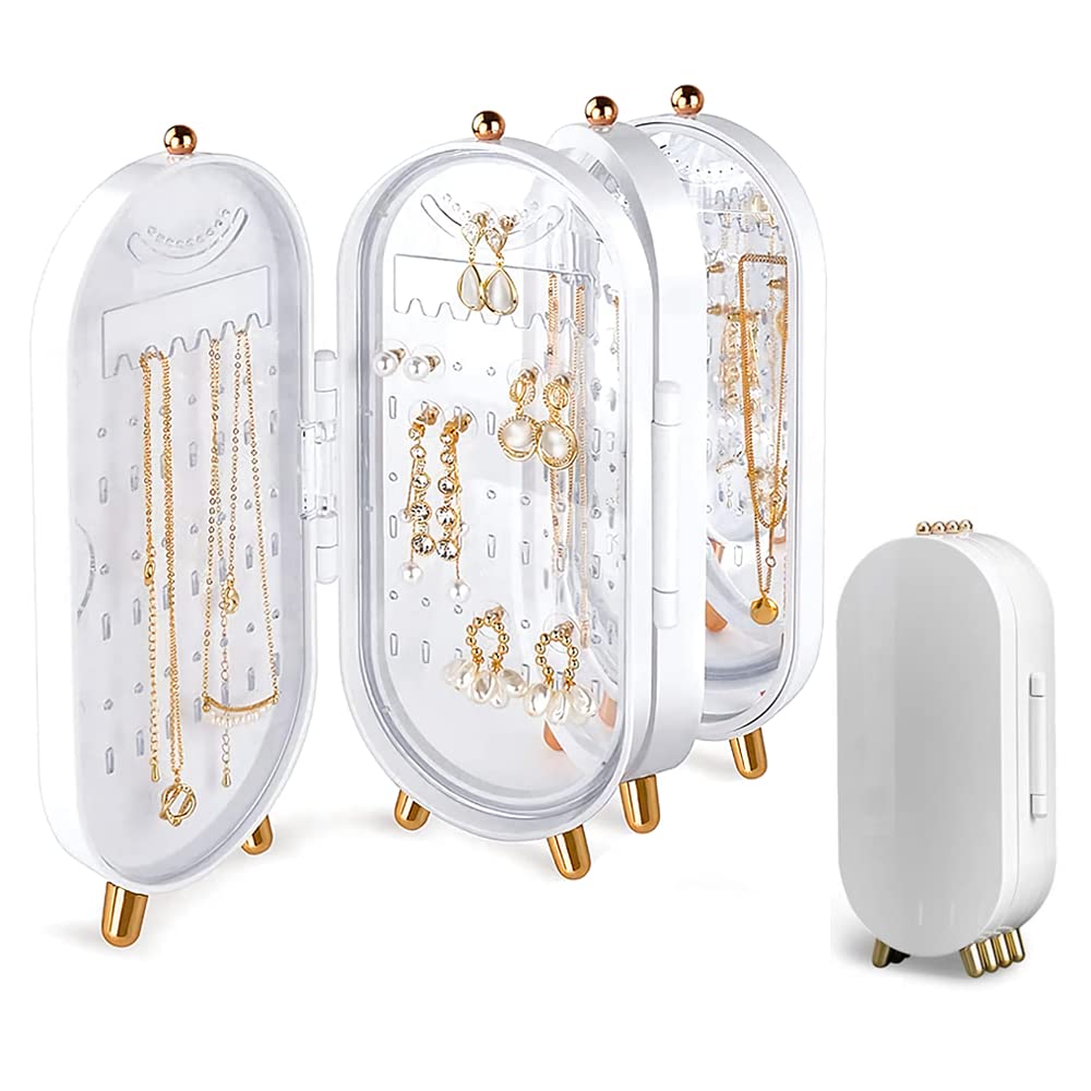 TINGFENG Earring Holder with Mirror Foldable Jewelery Stand Earring Stand Organiser Holder Multi-Function Screen Shaped Metal Jewelry Display Stand for Earrings Ear Studs Thin Necklace (White)
