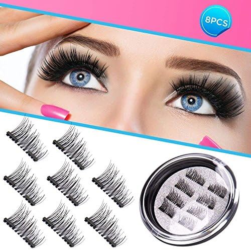 Magnetic Eyelashes 3D Premium Quality False Eyelashes, Double Magnetic Fake Eyelashes Natural Look 100% Handmade Black Nature Fluffy Long Soft Reusable 4 Pair/8 Pcs