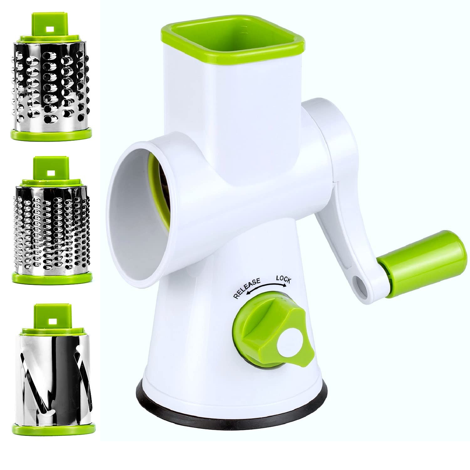 Rotary Cheese Grater - Round Vegetable Mandoline Slicer with 3 Drum Stainless Steel Blades, Dishwasher Safe, Super Vacuum Suction Base (DLG-RG001)