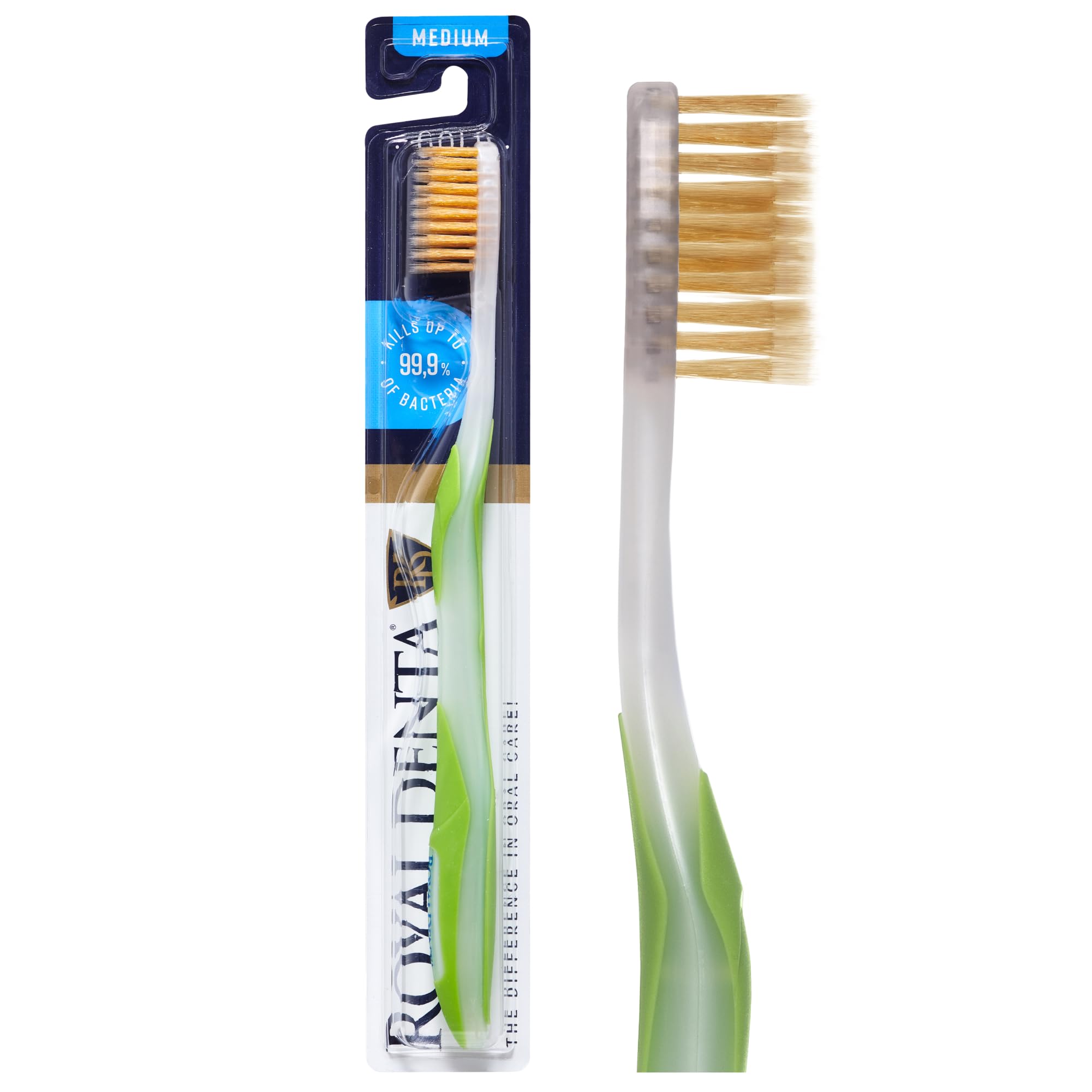 Royal Denta Manual Toothbrush for Adults, Medium Soft Toothbrush with Dual Length Gold Bristles, Interdental, Flossing Brush & Teeth Whitening, Ergonomic Grip Handle (Green)