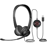 Cyber Acoustics AC-204ENC USB Stereo Headset with Dual-Mic ENC | Great for Office and Remote Work Calls, In-Line Control Module, Leatherette Earpads