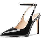 Aachcol Womens Ankle Strap Pointed Toe Beaded Pumps Slingback Stiletto High Heels Wedding Prom Patent Leather Dress Shoes 3.9 Inches Heels