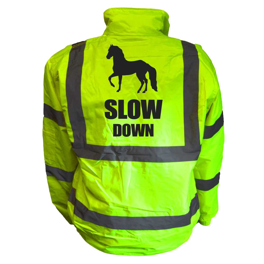 Equestrian Slow Down Hi Viz Vis Bomber Jacket Horse Riding Equine Safe Reflective Coat Road