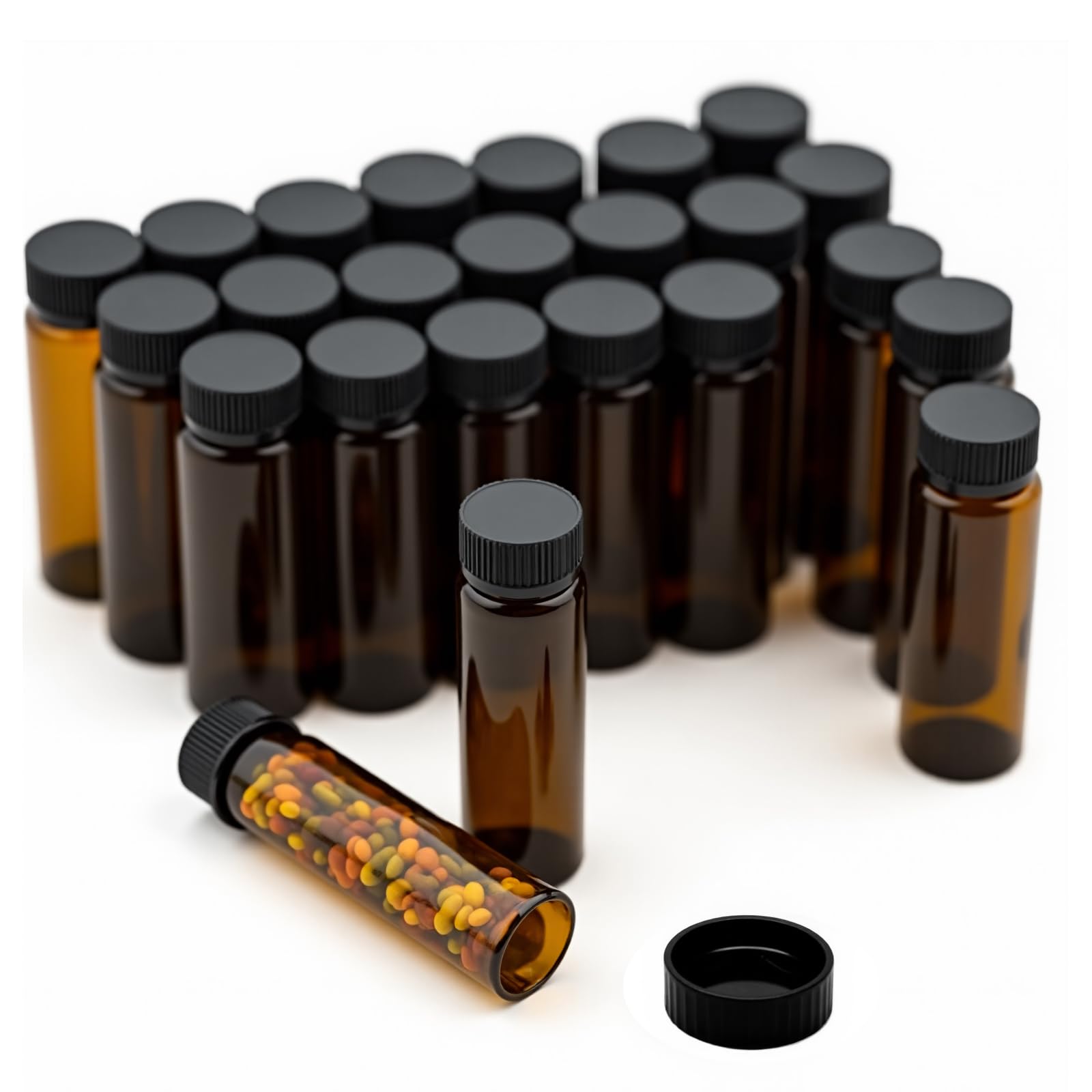Photo 1 of 100Pcs Brown Small Glass Bottles with Caps - Sample, Oil, Travel Storage (3ml, Amber)