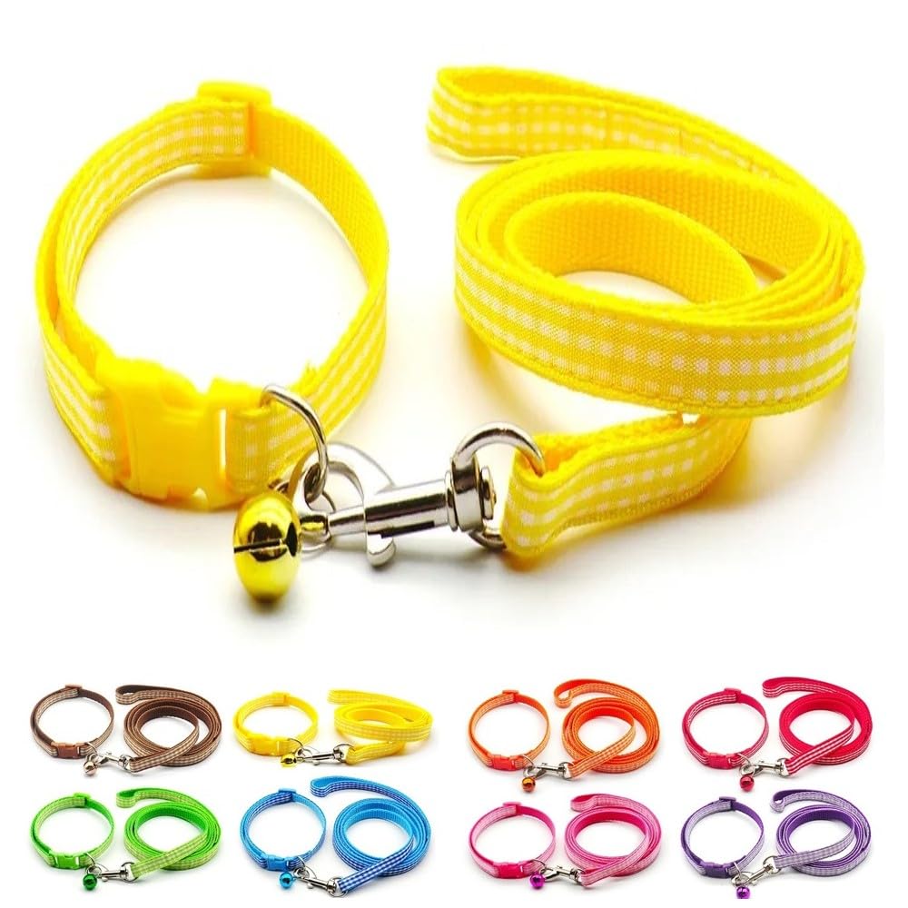 Small Dog Puppy Pet Collar and Lead Set Check Design Nylon Adjustable Size 19-32cm Collar with Bell and 120cm Leash Yellow