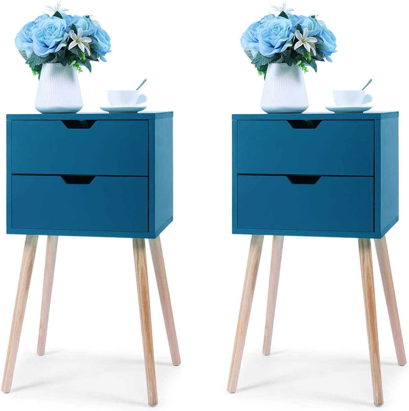 Blue Nightstand Set of 2 with 2 Drawers for Bedroom Solid