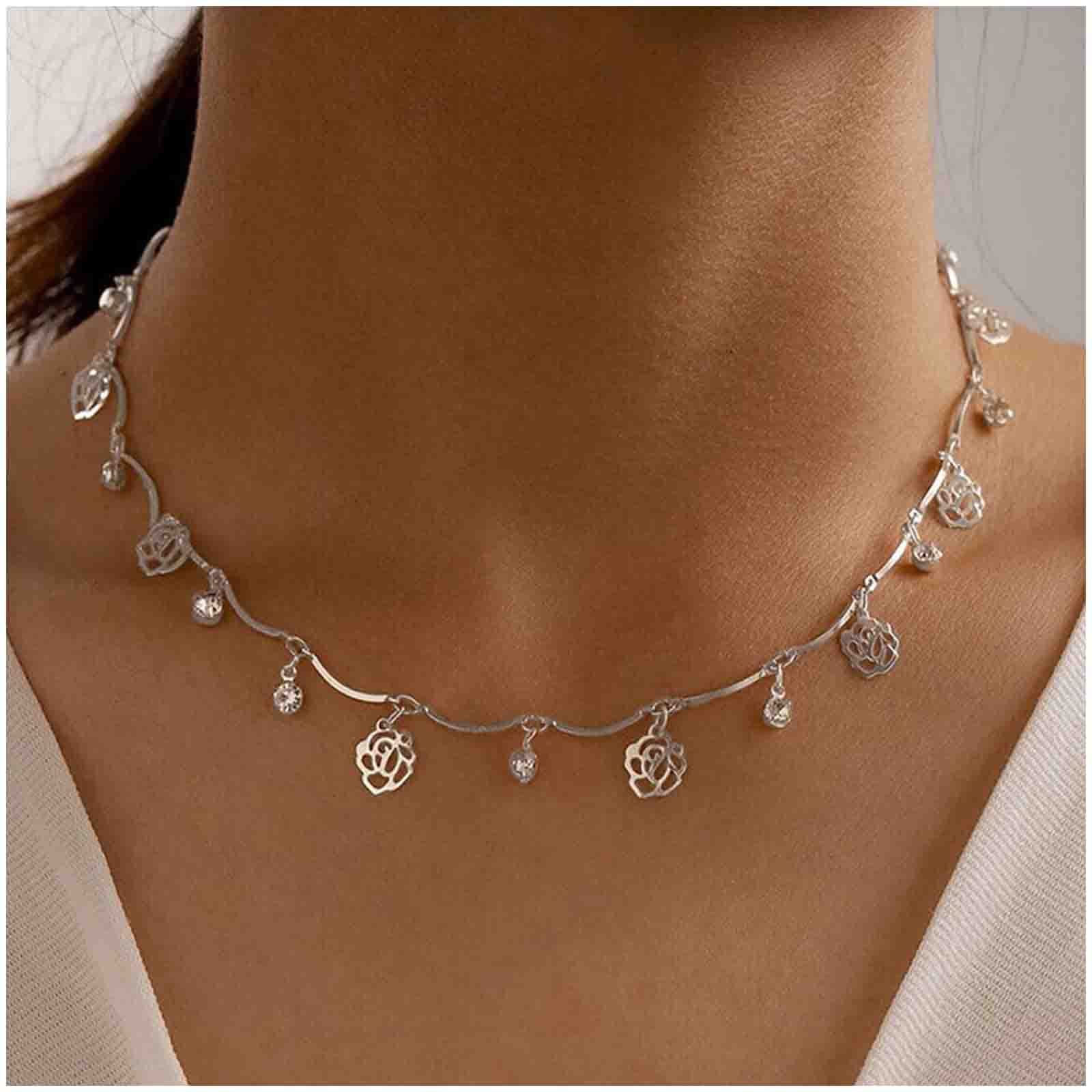 Cimenexe Bohemian Hollow Rose Necklace Choker Tiny Crystal Dangle Necklace Outline Flower Choker Necklace Silver Short Crystal Collar Necklace Jewelry for Women and Girls