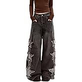 PEAINJ Star Jeans for Women Girls Baggy Cute Patchwork Denim Pants | Y2K Jean Pants,2000s Baggy Star Jeans,High Rise,Classic 4 Pockets,Grunge Trendy Clothes,Casual Aesthetic Outfits