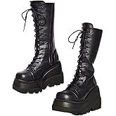 UOQAPRE Womens High Platform Mid Calf Wedges Chunky Booties Heel Round-Toe Side Zip Winter Punk Combat Boots For Women