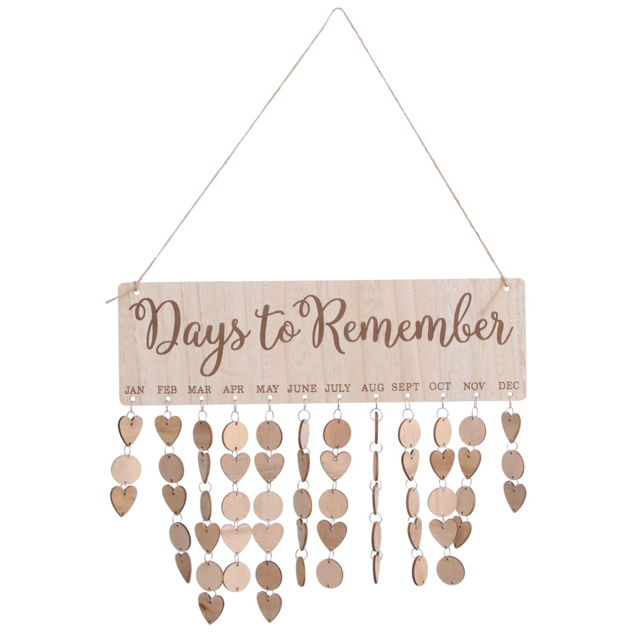 Wooden Calendar Sign DIY Hanging Birthday Reminder Board with Round and Heart Tags Family Birthday Calendar Wall Hanging for Home Living Room Bedroom Decor
