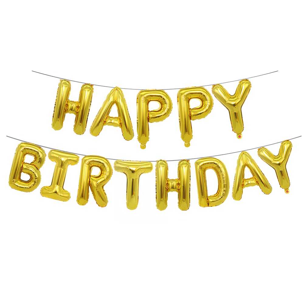 Ponmoo Foil Balloons Happy Birthday Banner Kit - Gold, 13 Written Letters Party Decoration Balloon