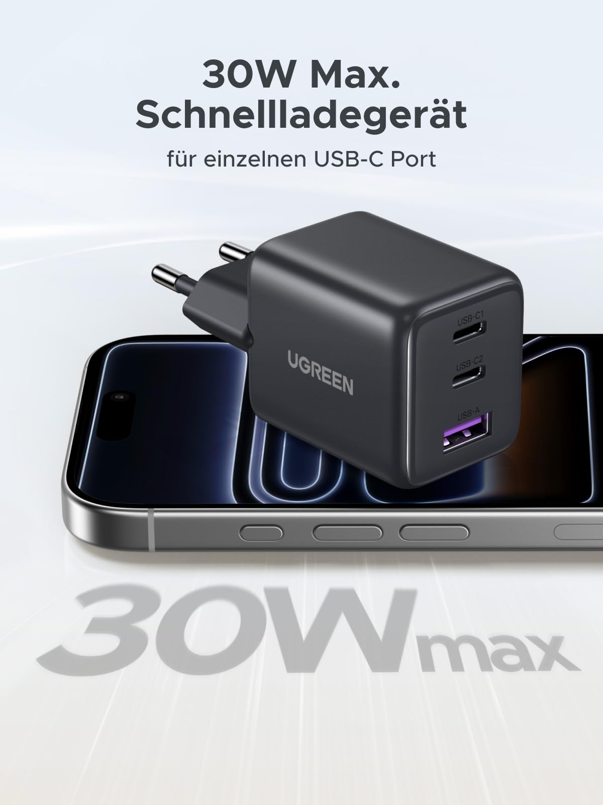 UGREEN USB C Ladegerät 30W 3-Port GaN II Netzteil PD Schnellladegerät Kompatibel mit iPhone 17, 17 Pro Max, Air, 16, 15, 14, 13, 12, iPad, Galaxy S25, S24, S23, Pixel 9 (Schwarz) 2