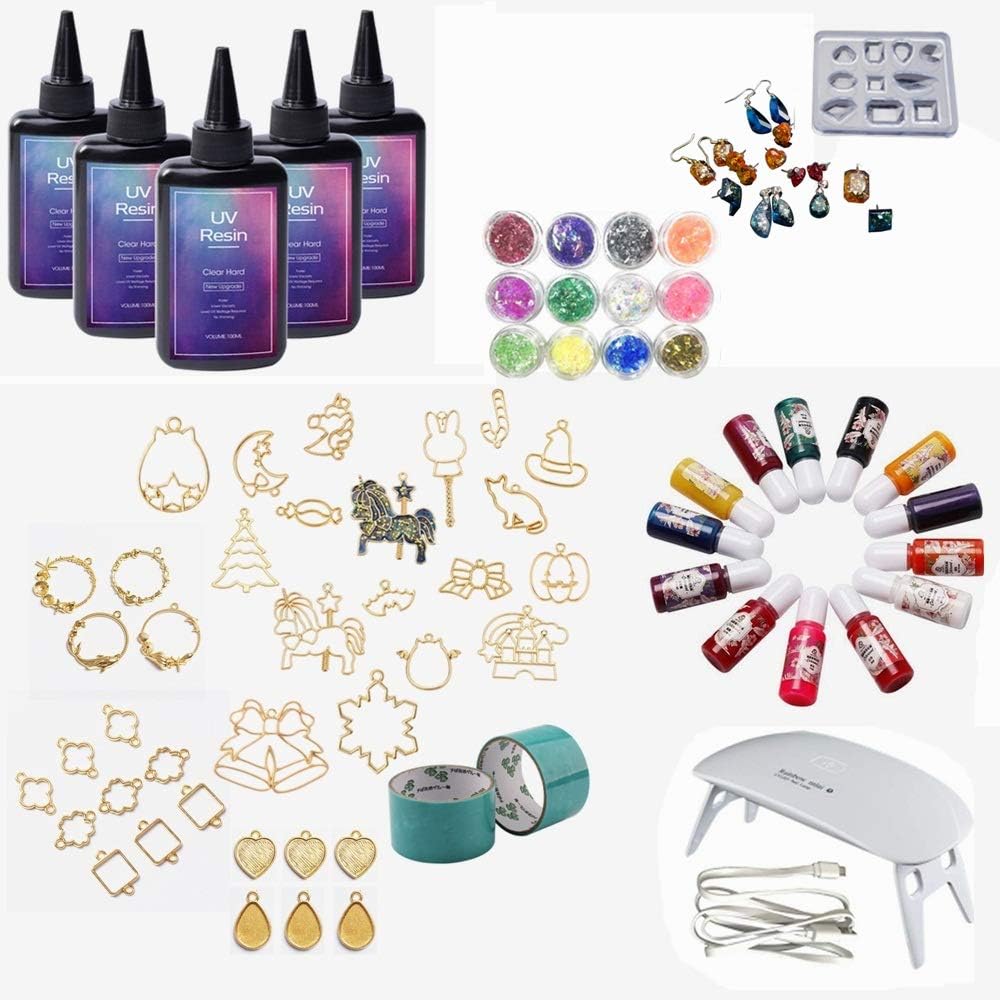Resin Jewelry Making Kit, New Upgrade UV Resin Crystal Clear 1min Curing, with Colour Pigment & UV Lamp & Bezels & Mold & Decorative Glassine Glitter for DIY Crafts Pendants Earrings Bracelets