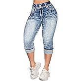 Flamingals High Waist Capris Jeans for Women Casual Summer Butt Lifting Skinny Denim Capri