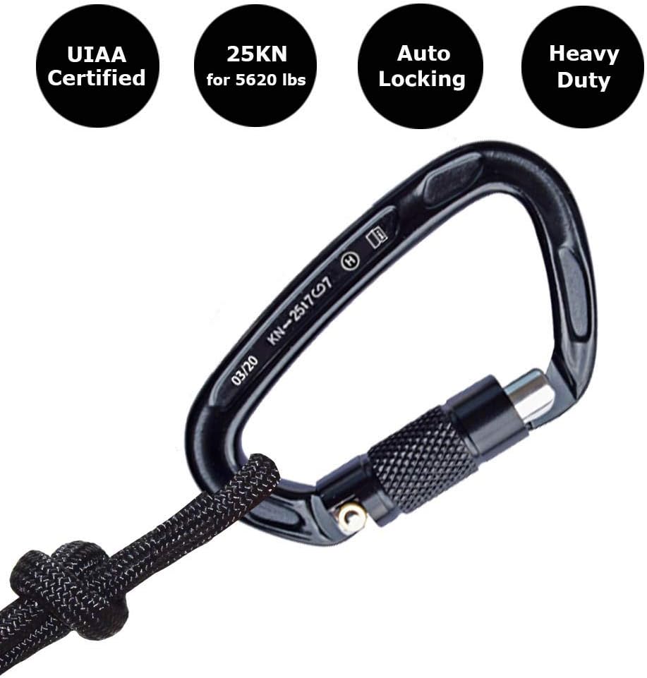 Favofit UIAA Certified Climbing Carabiners (Certificate No.: USA 20-5611), 3 Pack, 25KN (5620 lbs) Heavy Duty Large Locking Carabiner Clips for Rock/Ice Climbing Rappelling Rescue Swing etc, Black : Sports & Outdoors