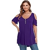 LARACE Cold Shoulder Tops for Women,Plus Size Womens Summer Tops, V Neck Short Sleeve Women's T Shirts Loose Fit,Tunic Tops to Wear with Leggings, Casual Blouses(Purple, L-6XL)