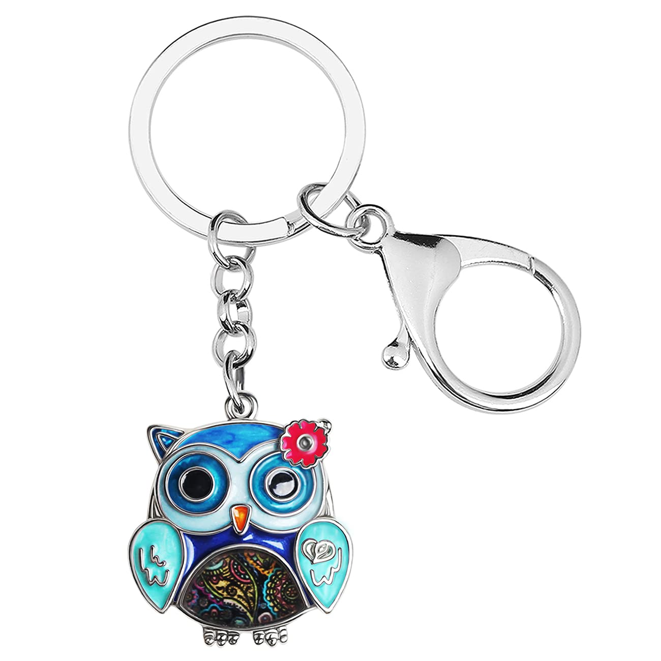 Enamel Alloy Anime Flower Owl Keychain Bird Keyring Fashion Jewelry For Women Girls Charm Gift (Blue),28mm x 28mm