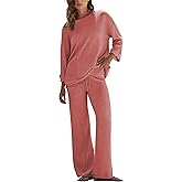 IQSQSQ Women's 2 Piece Sweater Set Long Sleeve Knit Top Wide Leg Pants Spring Fall Winter Casual Lounge Outfit(CoralPink-XL)