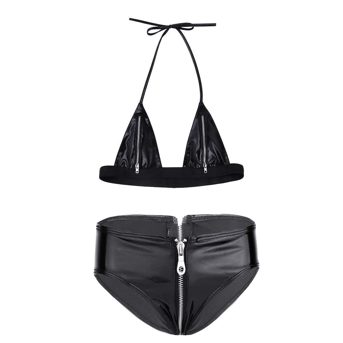 Women Sexy Patent Leather Bikini Set Wet Look Zipper Open Hot Sex Picture