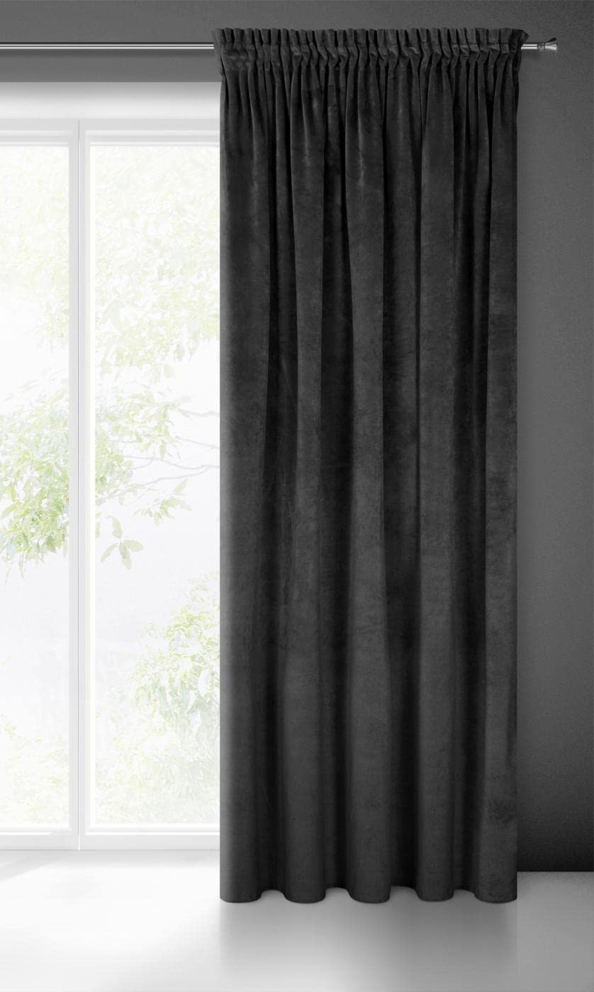 Eurofirany VILLA Soft Plain Opaque Velvet Curtain with Rufflette Tape For Rail - 1 Unit, Fluffy Panel Drape Classic Glamour Elegant Living Room, Bedroom, 290 g/m2, W55 x L106, Black