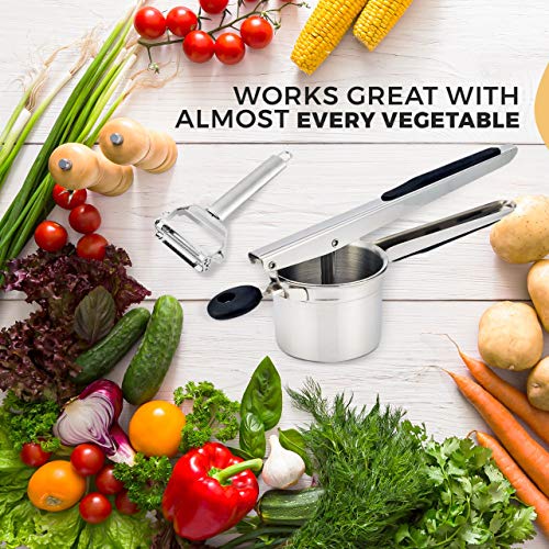 Stainless Steel Potato Ricer with Multi-Function Vegetable Peeler, Potato Stainless Steel Grinder for Mashed Potatoes, Fruits and More- 3 Interchangeable Discs, 2 Pack (Potato Ricer + Potato Peeler)