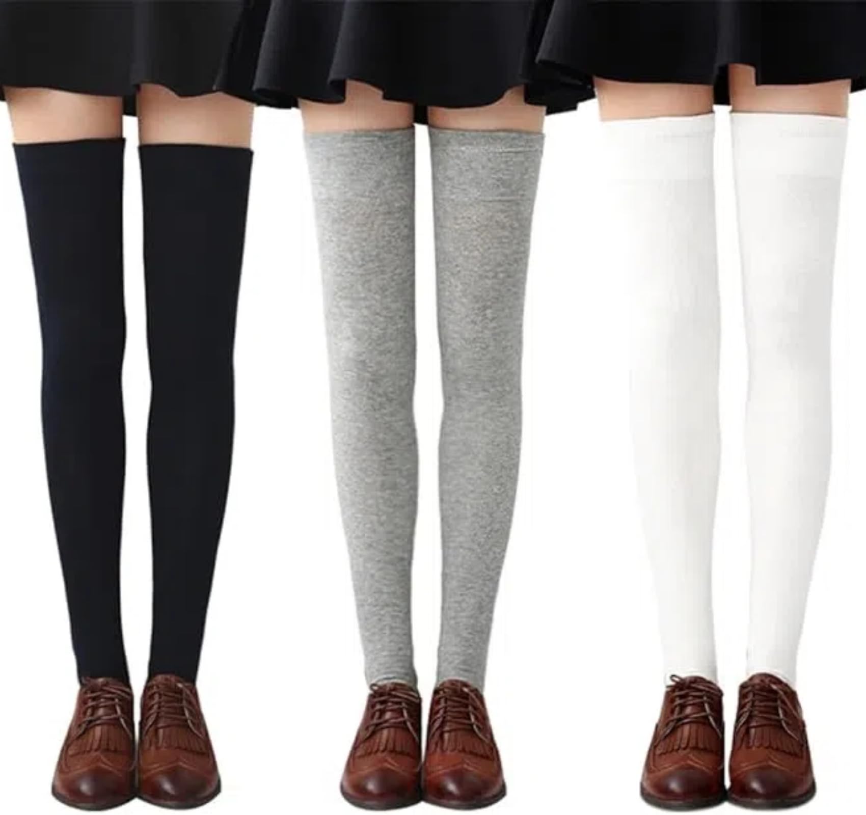 Photo 1 of Chalier Womens Thigh High Socks Cotton Striped Over the Knee Socks Long Knee High Stockings for Women, A-Solid 01-3 Pairs