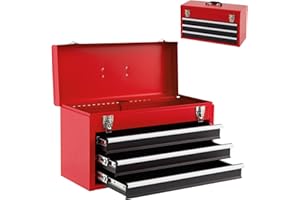 Goplus Tool Box with 3 Drawers, 4-Tier 20.5" Portable Tool Chest Organizer with Top Tool Tray, Auto Lock, Protective Liner, Handle, Steel Metal Small Toolbox for Gargae, Workshop, Home
