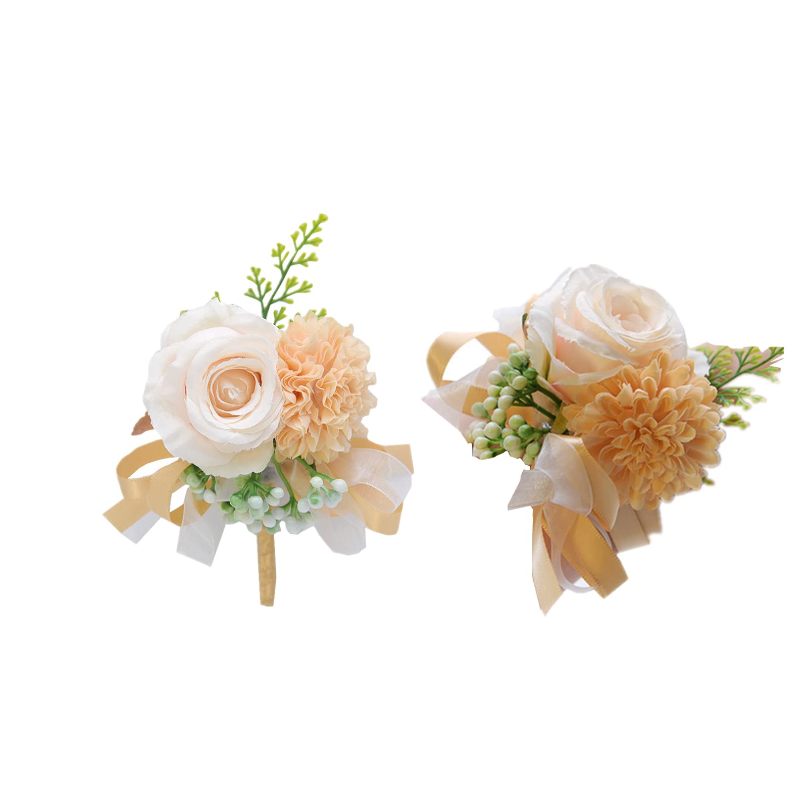 2 Pack Flower Wrist Corsage Boutonniere Set,3" Artificial Rose and Carnation Wrist Corsage and Men Boutonniere Set,Handmade Silk Flower for Wedding Flowers Accessories Prom Suit Decor (Champagne)