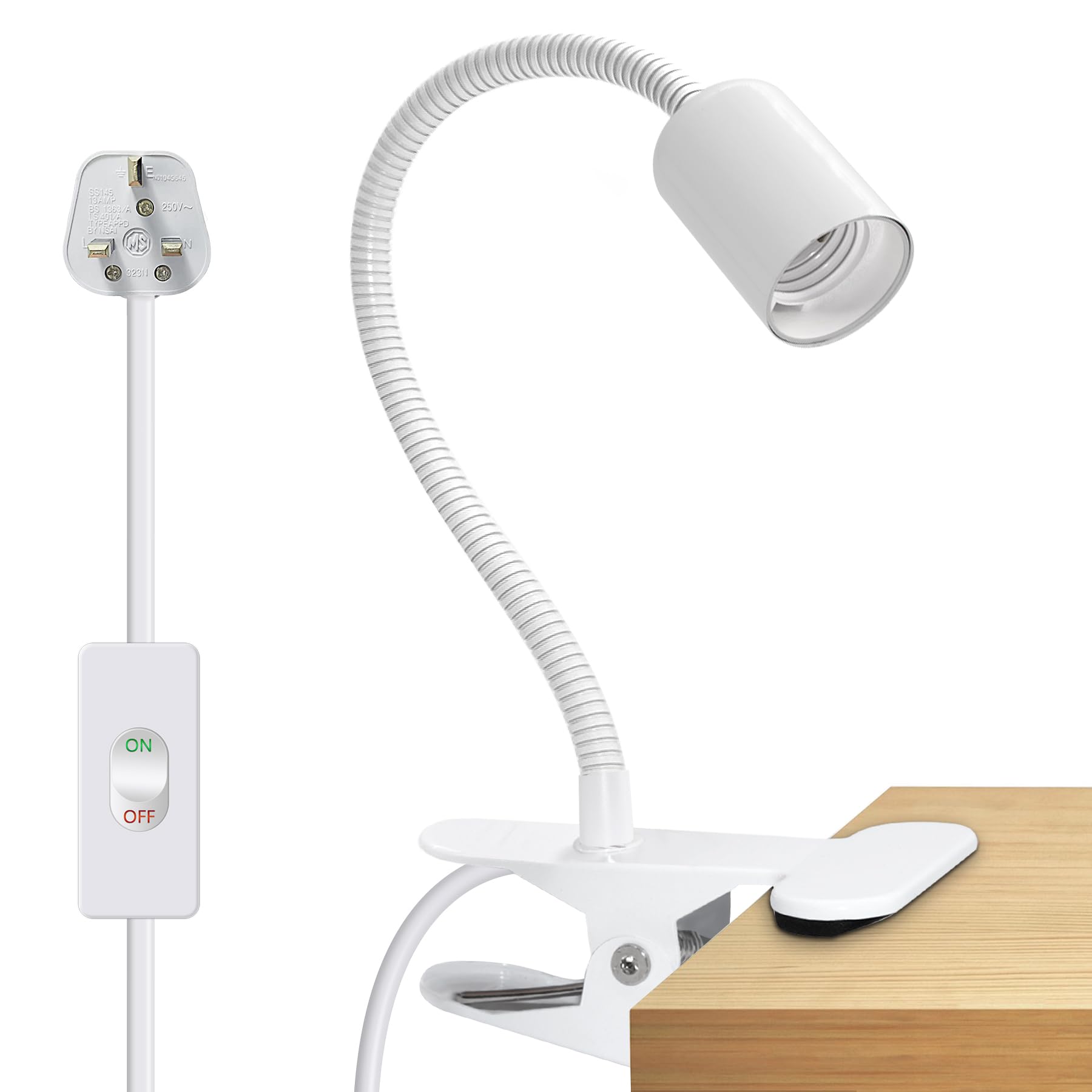 Clip Desk Light, Clamp on Lamp, White Clip on Light with 220cm Cable, 9mm&350mm Thickened Lengthened Gooseneck Flexible Lamp with Metal Base, E27 Bulb Holder for Bed Shelf Table