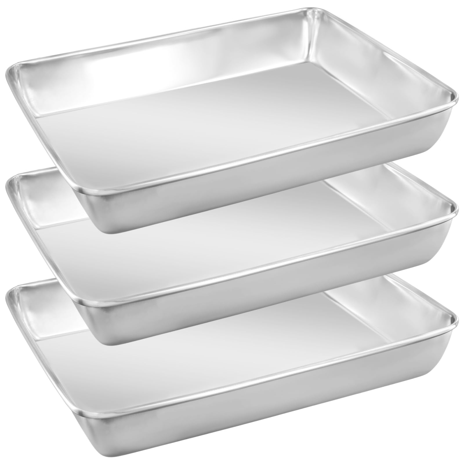 HEIHAK 3 Pack 36 x 28 x 5.5cm Rectangle Stainless Steel Baking Trays, Silver Deep Baking Trays, Cookie Oven Tray for Cake, Cookie, Pizza, Meat, Vegetables, Desserts