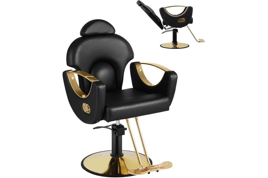 MIMWOW Salon Barber Chair, Reclining Salon Chair for Hair Stylist, Hair Salon Chair with Heavy Duty Hydraulic Pump, 360 Swivel Styling Braiding Hairdresser Chair for Home Barbershop, Black Gold