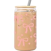 Lovearth Coquette Aesthetic Glass Cup, Pink Bow, Glass Tumbler w/Lid & Straw, 16 oz Iced Coffee Cup, Cute Christmas, Birthday Gifts for Women, Mom, Teen Girl, Girlfriend, Friend, Coworker, Her