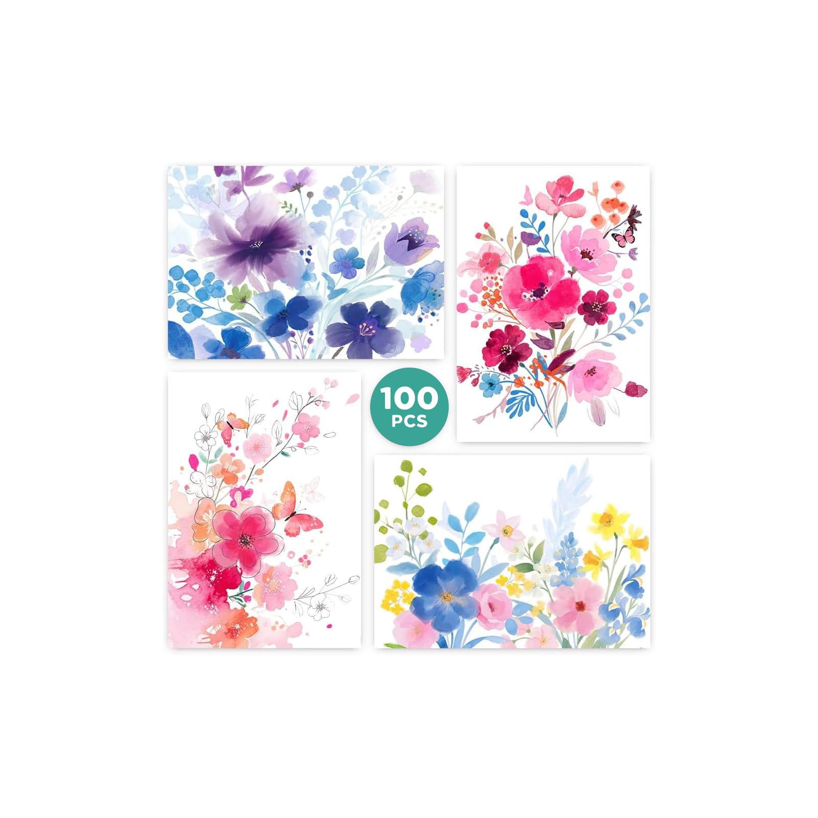 Photo 1 of 100 Pack Blank Cards and Envelopes, 3.5 x 5 Inch Watercolor Flowers Blank Greeting Cards, Note Cards Blank Inside, Blank Cards for All Occasions Bulk