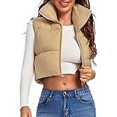 Fuinloth Women's Padded Vest, High Stand Collar Lightweight Zip Crop Puffer Gilet