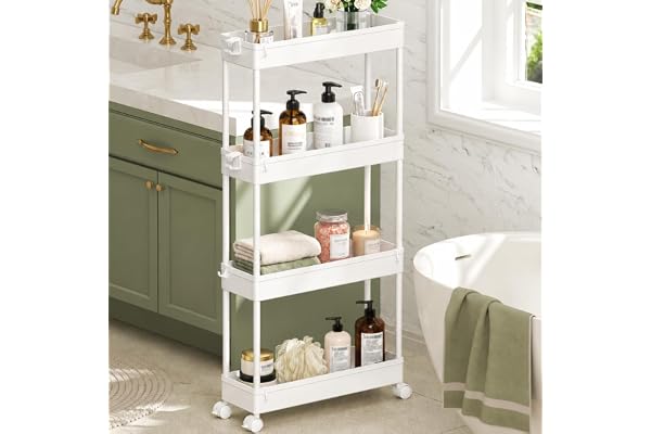 SPACEKEEPER Slim Rolling Storage Cart, 4 Tier Bathroom Cart Organizer,White | Narrow Rolling Cart with Wheels for Kitchen Off