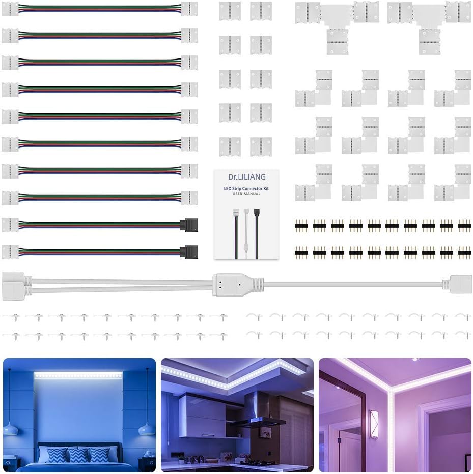 Led Strip Light Connectors Kit, Right Corner Angle Solderless Gapless Adapter, 4 Pin Conductor Light Strip Splice for TV, 10mm Tape Light Connector DIY Accessories for SMD 5050 RGB Multicolor Strip - - 