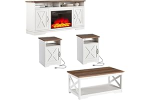 AMERLIFE 5-Piece Farmhouse Table Set Include 63" TV Stand with 26" Fireplace, 40" Coffee Table, 2 End Tables with Charging Station & USB Ports, Living Room Table Sets with Barn Door, Rustic Oak&White