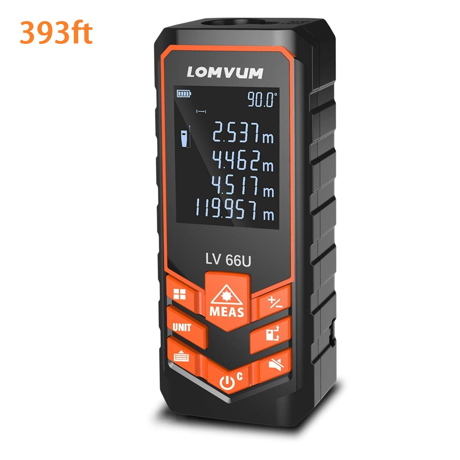 120m Laser Measure,LOMVUM 393ft Digital Laser Distance Meter with Mute Function Large LCD Backlight Display,Measure Distance,Area and Volume,Pythagorean Mode Battery Included
