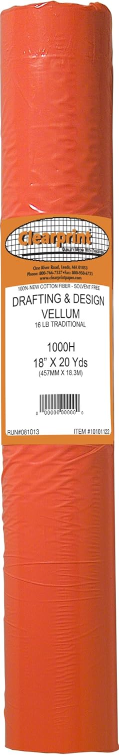 Clearprint 1000H Design Vellum Roll, 16 lb, 100% Cotton, 24 Inches W x 20 Yards Long, Translucent White, 1 Each (10101130)
