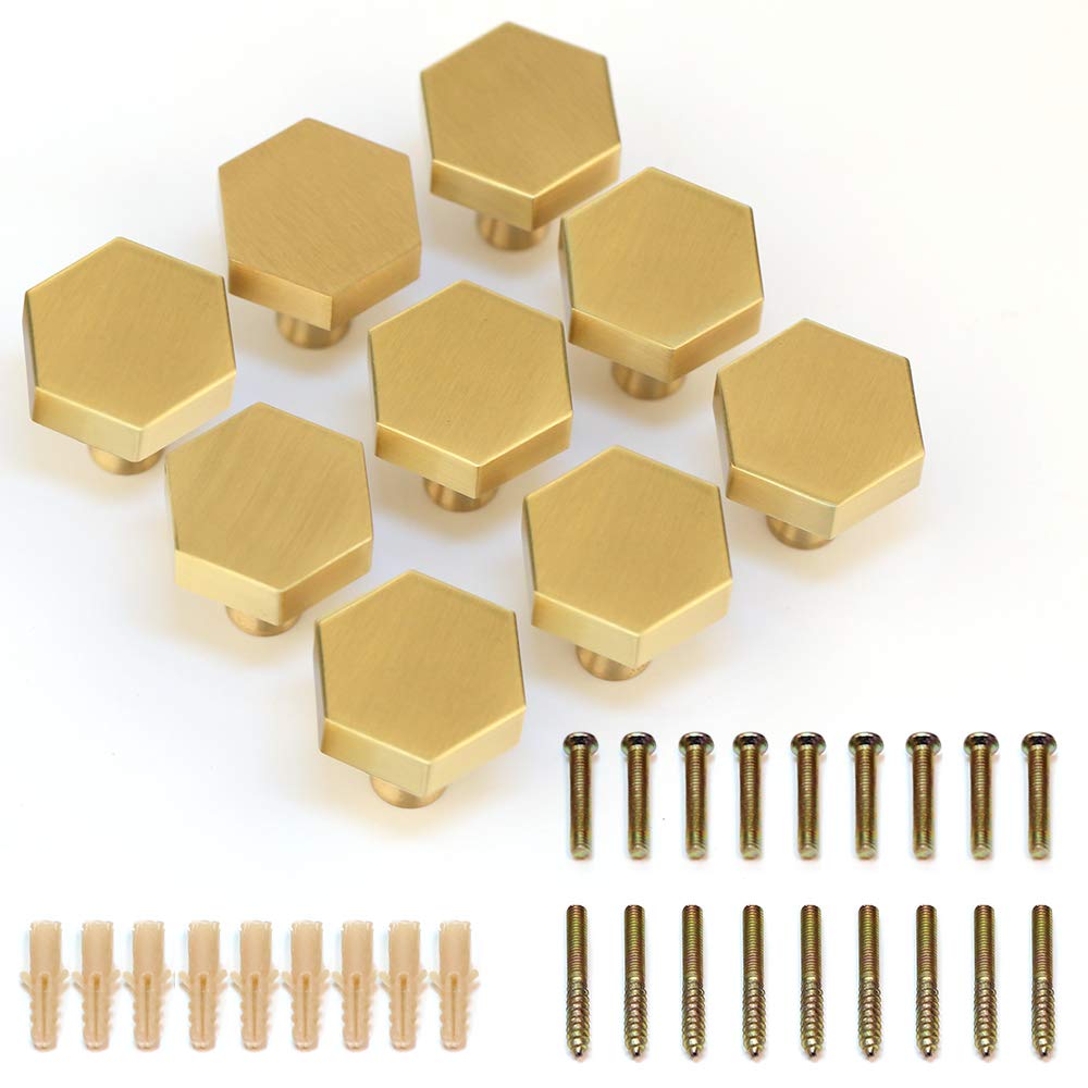 EVERGD Pure Solid Brass Gold Cabinet Drawer Door Knobs Wardrobe Handles Kitchen Cupboard Hardware Pull Handle Coat Hook (9, Gold-Hexagon)